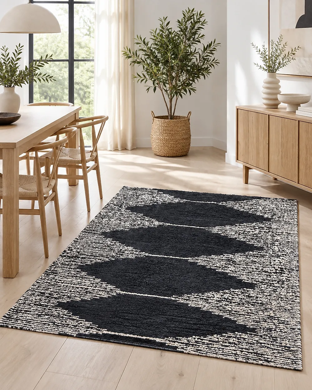 Teppich BATHINDA Schwarz / Weiß 140 x 200 cm Baumwolle