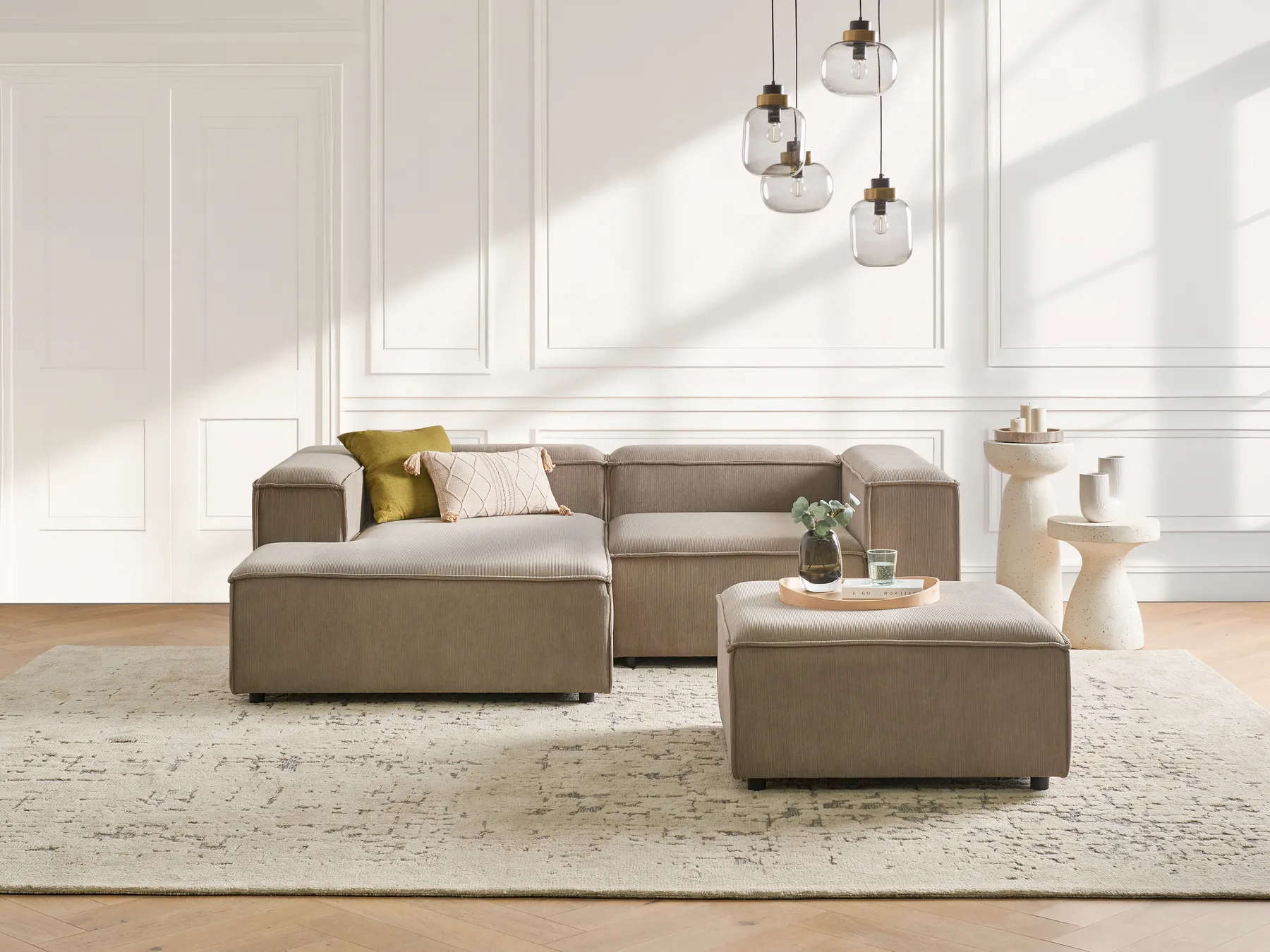 Modular Corner Sofa 2 Seater ARDAL with Ottoman Corduroy Light Brown Right Hand_940668
