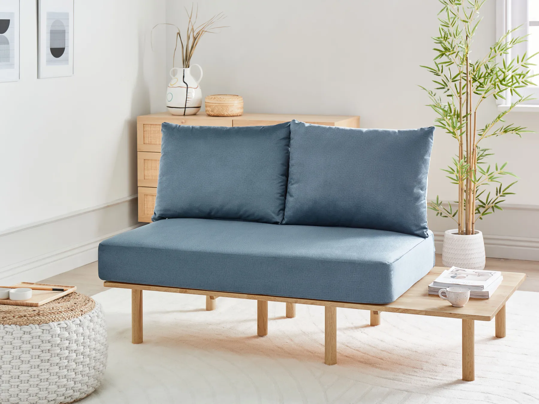 Sofa 2-Sitzer SALO mit Tischen Stoff Blau_932595