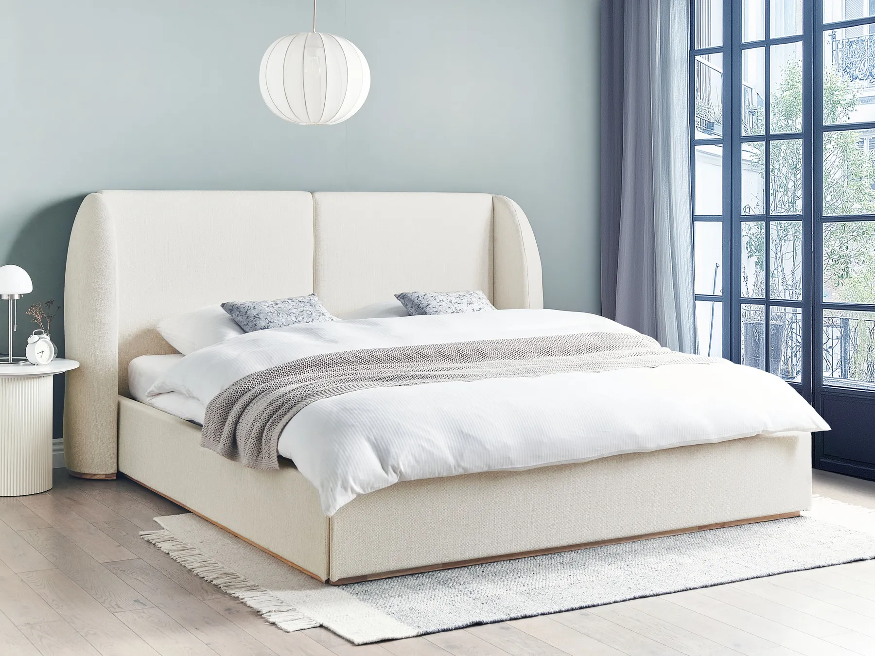 Bett mit Stauraum MONESTIER Stoff Cremeweiß 180 x 200 cm_972615