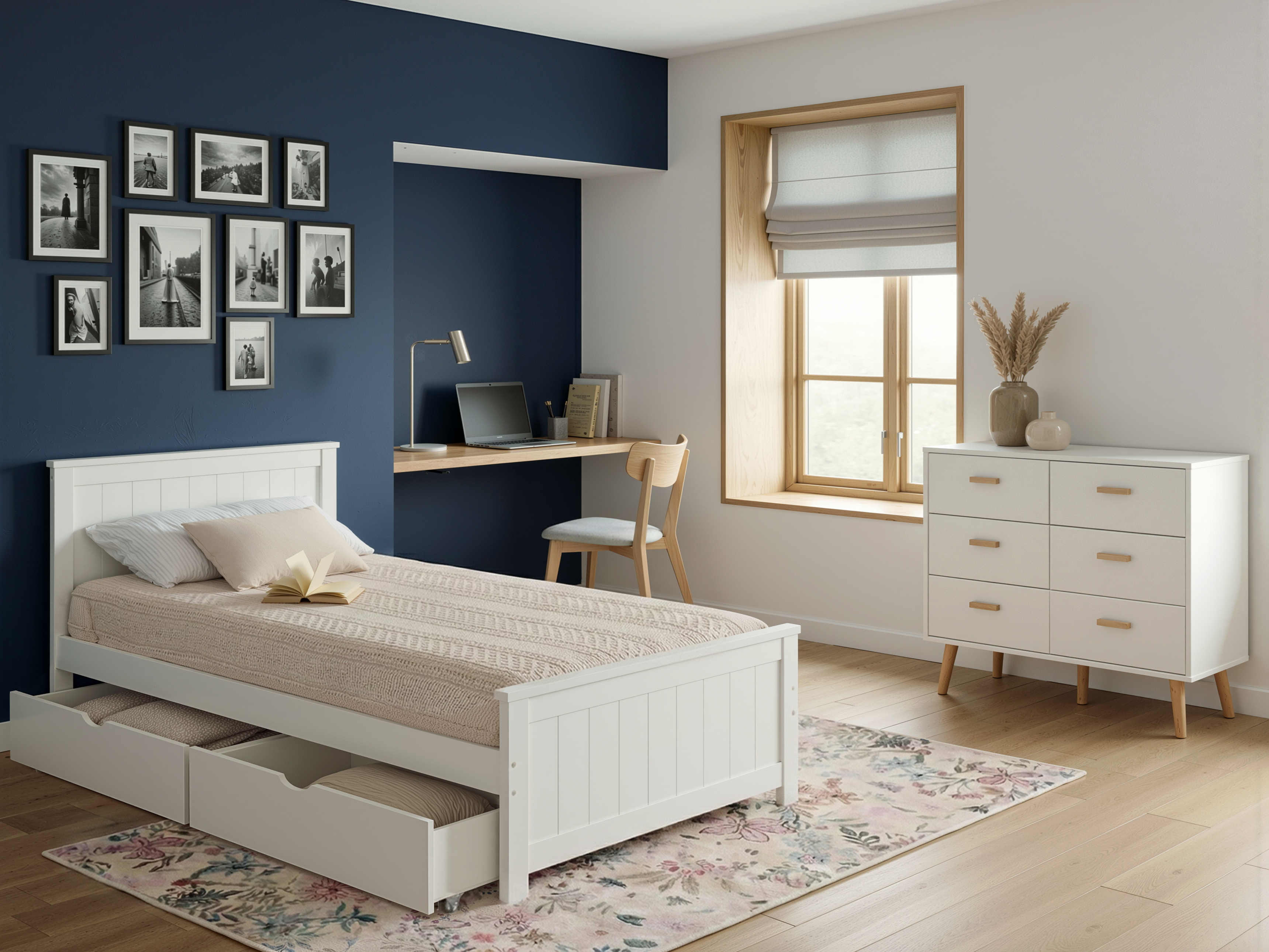 Bett mit 2 Schubladen SABRAN Kiefernholz Weiß 90 x 200 cm_1060843