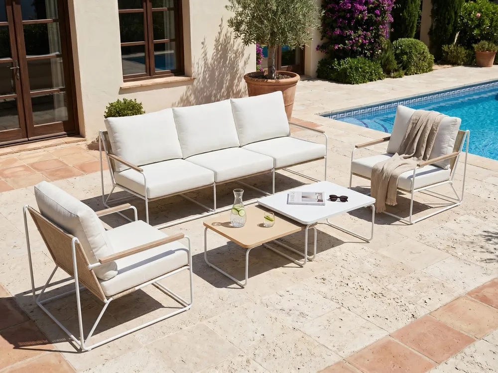 Gartensofa Set 5-Sitzer VENARIA mit Tischen Metall Beige / Weiß