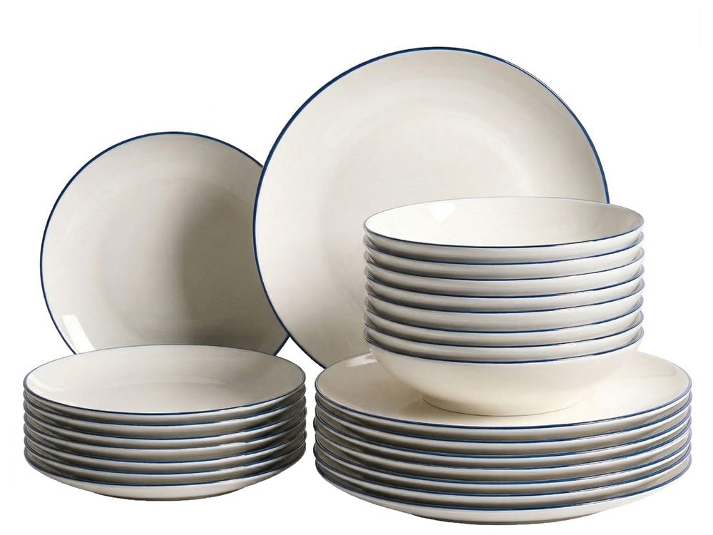 Set de 24 couverts de table CUMIN Porcelaine Blanc cassé/bleu