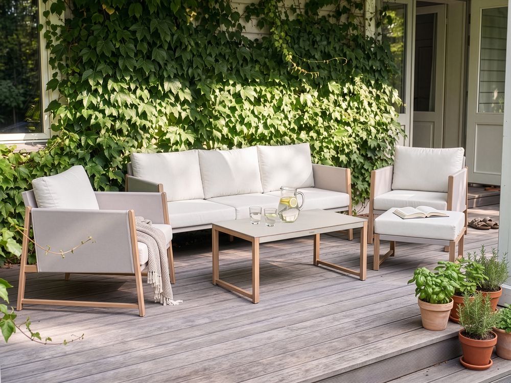 Ensemble de salon de jardin avec table et ottoman 5 places NOLA Métal Beige clair