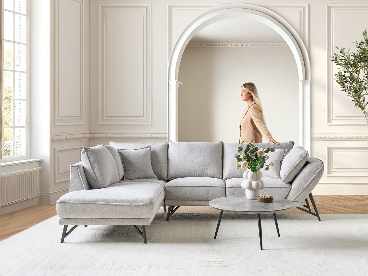 Corner Sofa 3 Seater ELGA Linen Light Grey Right Hand
