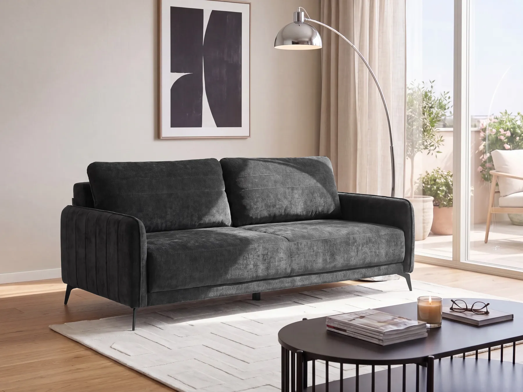 Schlafsofa 3-Sitzer HEMING Chenillegewebe Schwarz_1123884