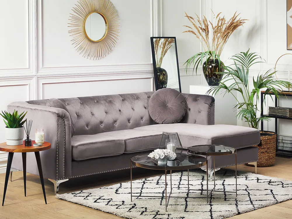 Ecksofa 3-Sitzer FLEN Samtstoff Grau linksseitig