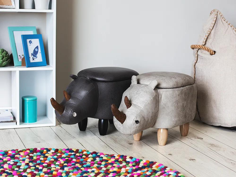 Tierhocker mit Stauraum RHINO Nashorn Kunstleder Hellgrau