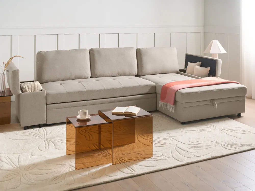 Eckschlafsofa 3-Sitzer HRISEY Kunstleinen Beige linksseitig
