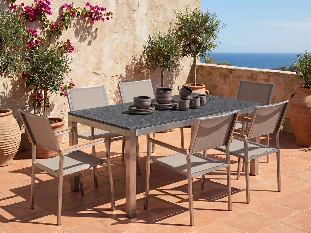 Gartenmöbel Set 6-Sitzer GROSSETO Granit geflammt Schwarz / Beige_1105545