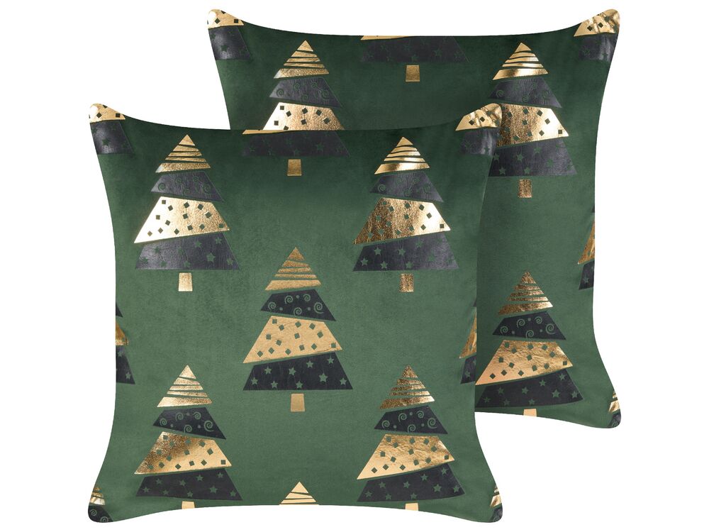 Set of 2 Decorative Cushions GOLDSPRUCE 45 x 45 cm Velvet Green Christmas Motif