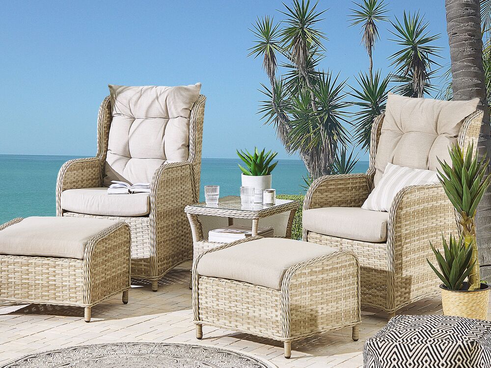 Garden Lounge Set with Table and Ottoman 2 Seater PONZA PE Rattan Beige