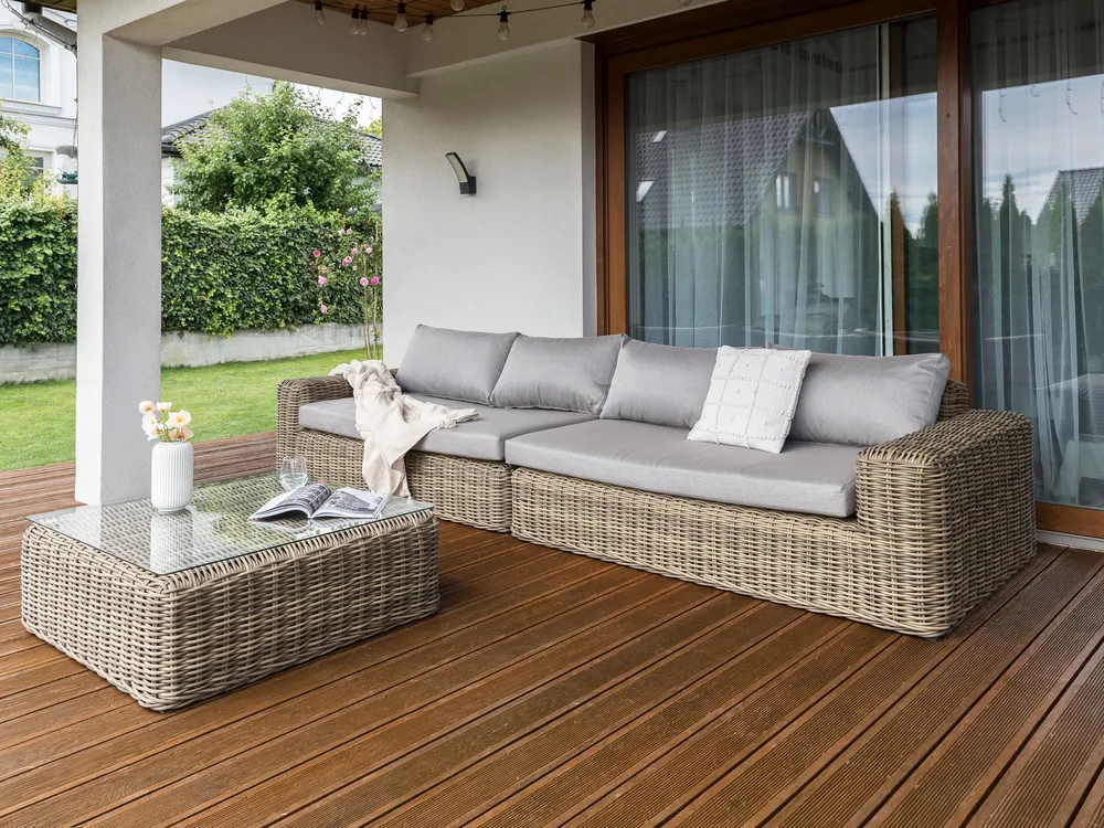 Garten Ecksofa mit Ottomane 6-Sitzer PALERMO modular Polyrattan Hellbraun_927877