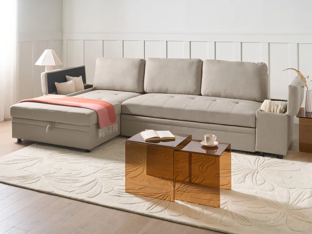 Eckschlafsofa 3-Sitzer HRISEY mit Stauraum Kunstleinen Beige rechtsseitig