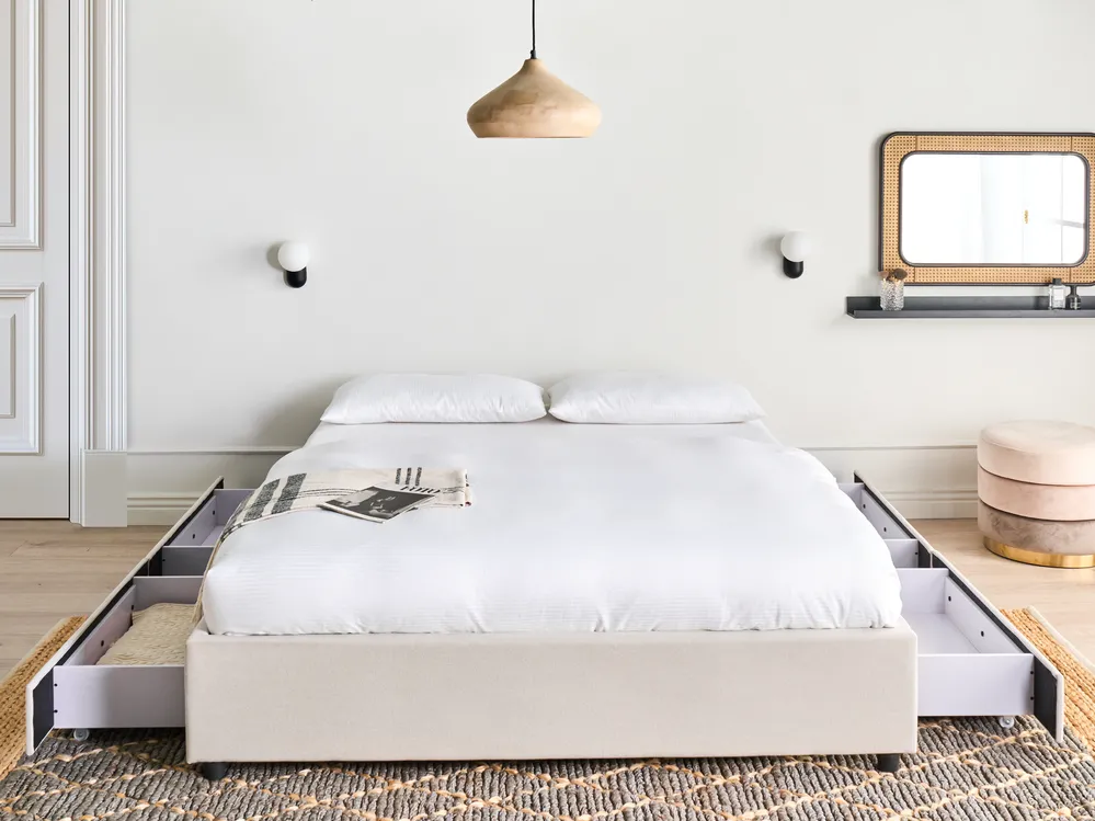 Bett mit Stauraum Stoff hellbeige verschiedene Größen PRADES