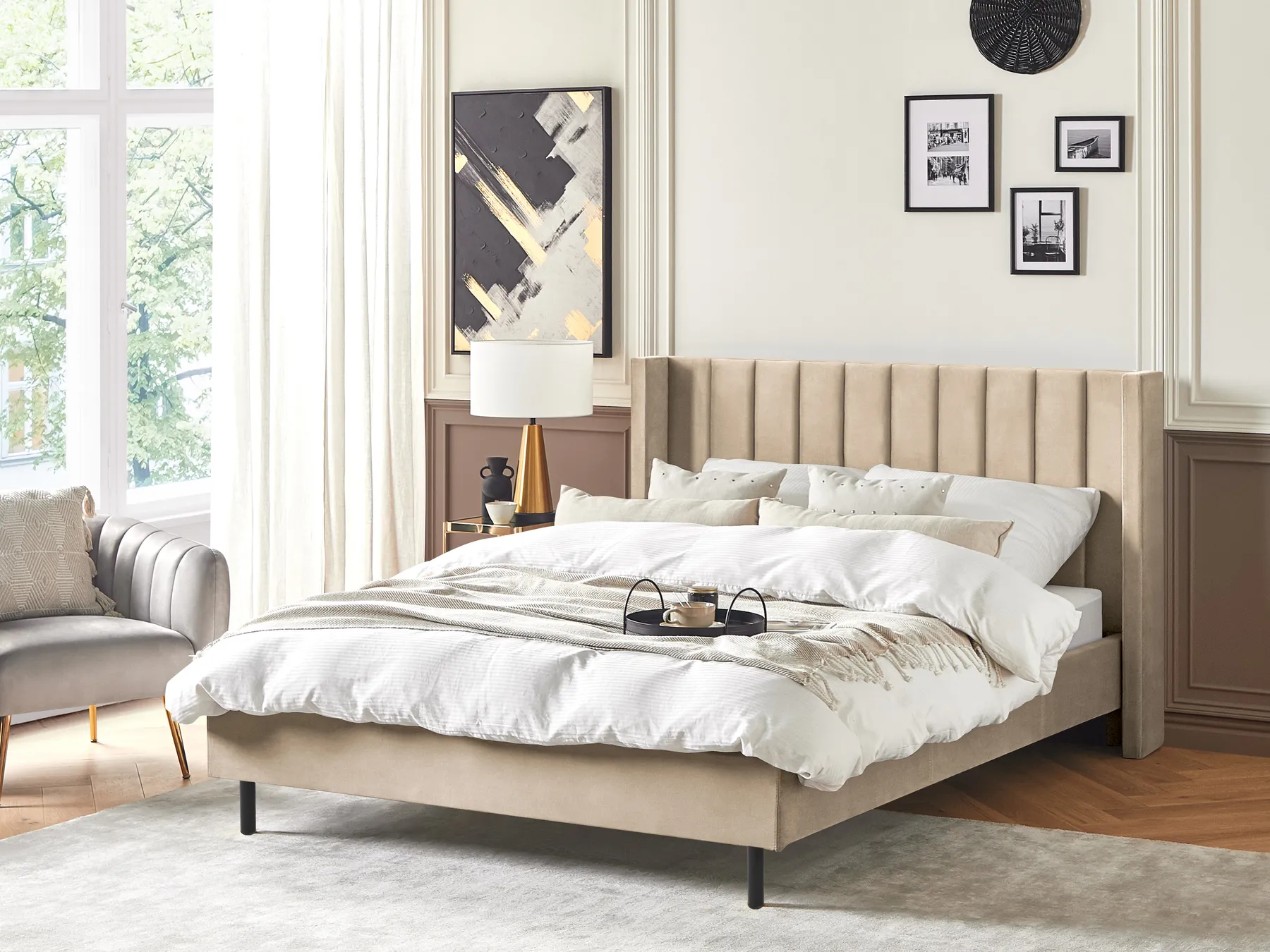 Bed Velvet VILLETTE 160 x 200 cm (EU King Size) Beige_832586