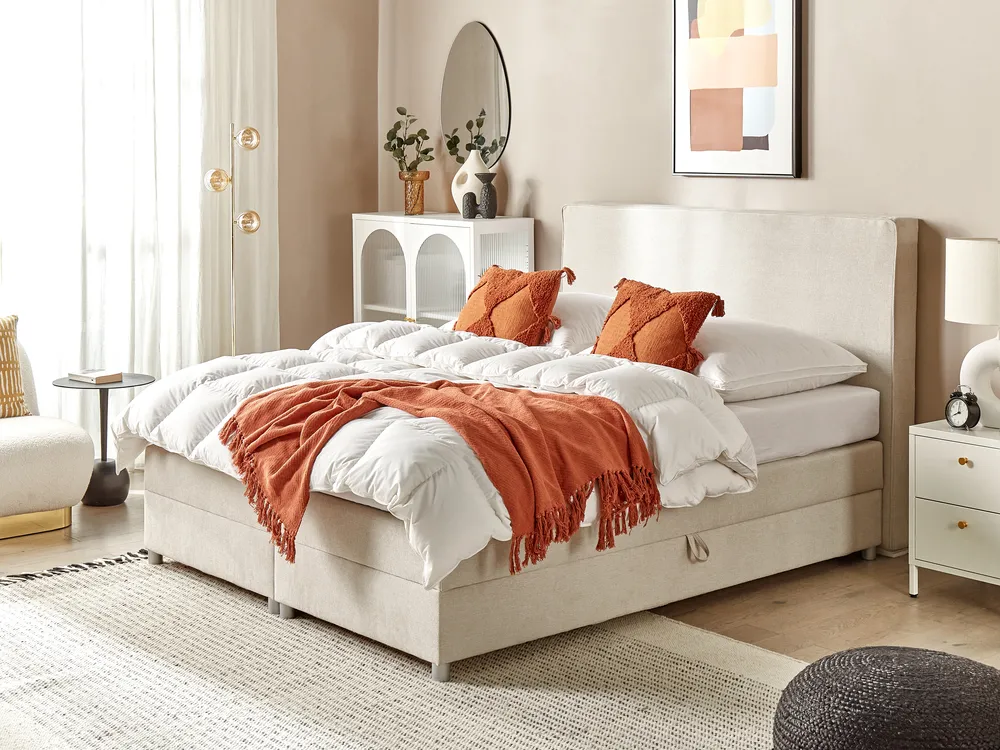 Boxspringbett mit Stauraum MINISTER Stoff Hellbeige 160 x 200 cm