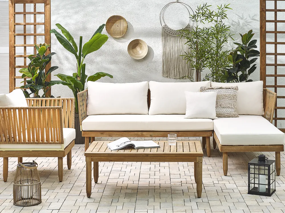 Lounge Set mit Tisch 4-Sitzer CREMONA Akazienholz Hellbraun / Cremeweiß linksseitig