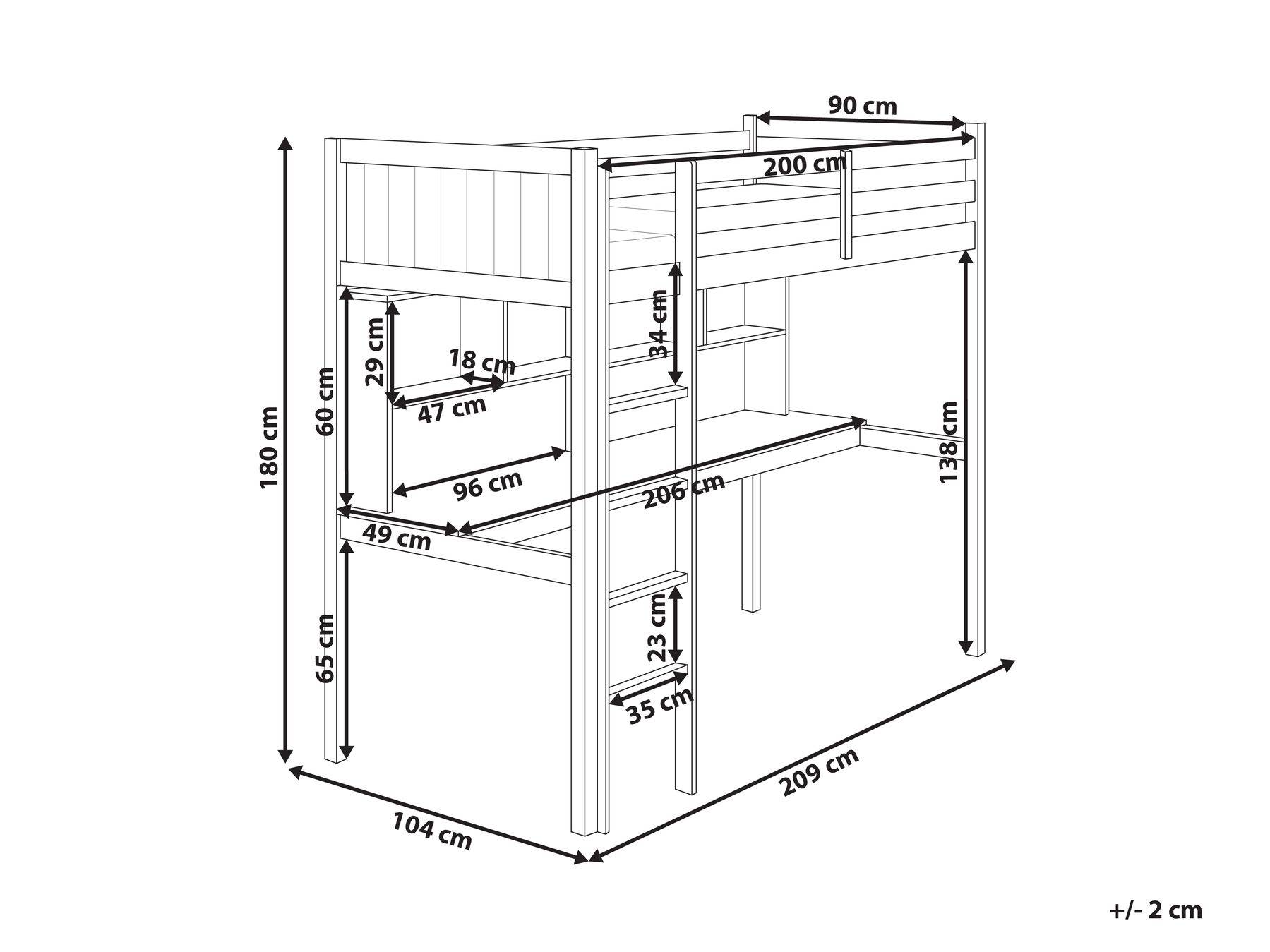 Hochbett mit Schreibtisch Kiefernholz FOUCAMONT 90 x 200 cm Grau_964328