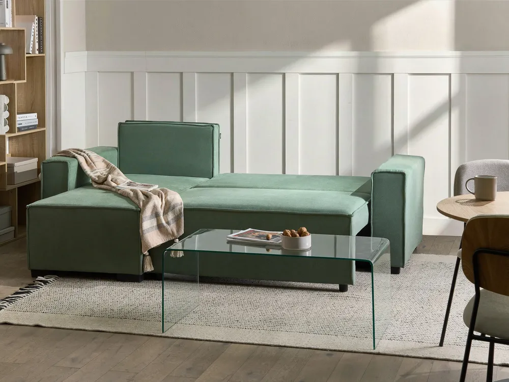 Eckschlafsofa 3-Sitzer EDANE mit Stauraum Stoff Hellgrün rechtsseitig_1057249