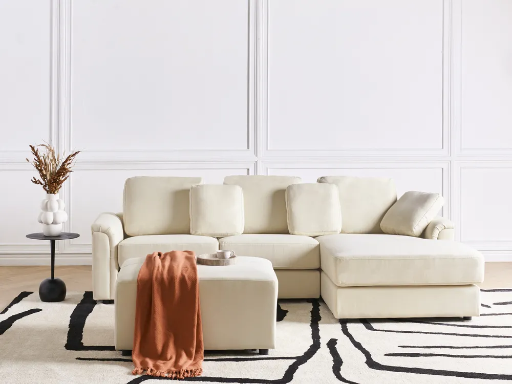 Ecksofa 4-Sitzer KOHLO mit Ottomane Stoff Hellbeige linksseitig_945075