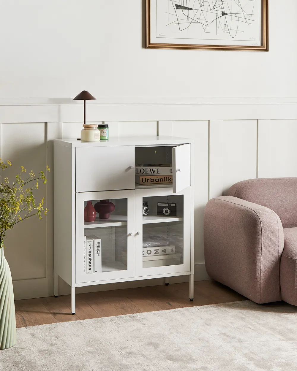 Glass Display Sideboard ESHOLT 80 cm Metal White_1017006
