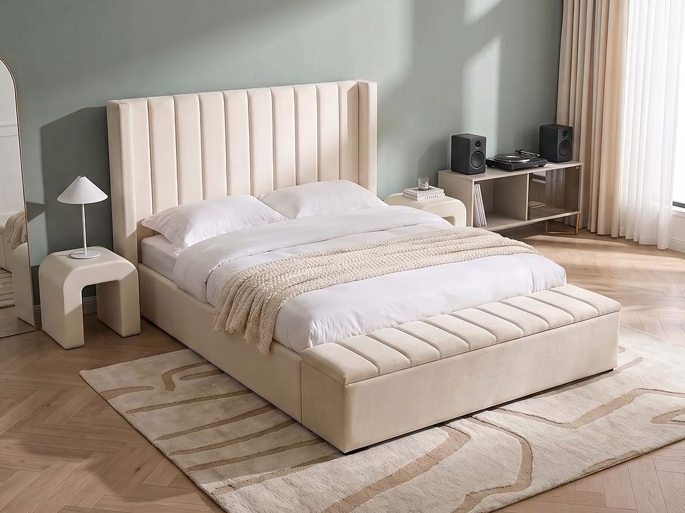 Bed met opbergbankje NOYERS Fluweel Gebroken wit 180 x 200 cm