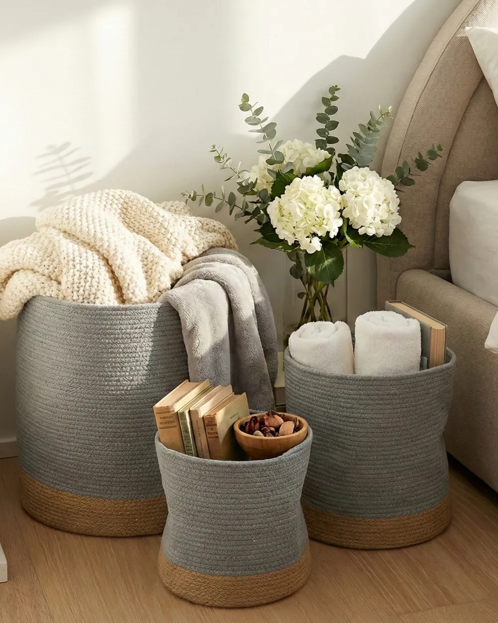 Aufbewahrungskorb 3er Set BASIMA Baumwolle Grau_1052459