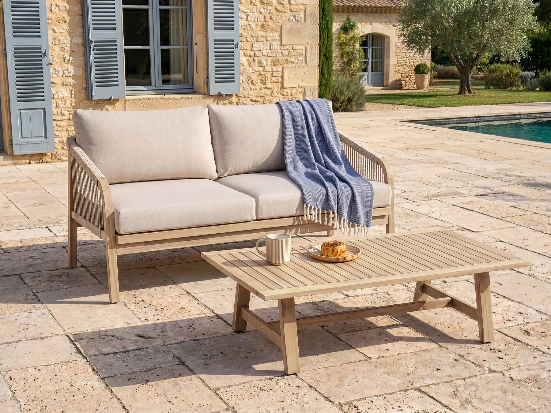 Gartensofa mit Tisch 2-Sitzer SUMBA Akazienholz Hellbraun_1087583
