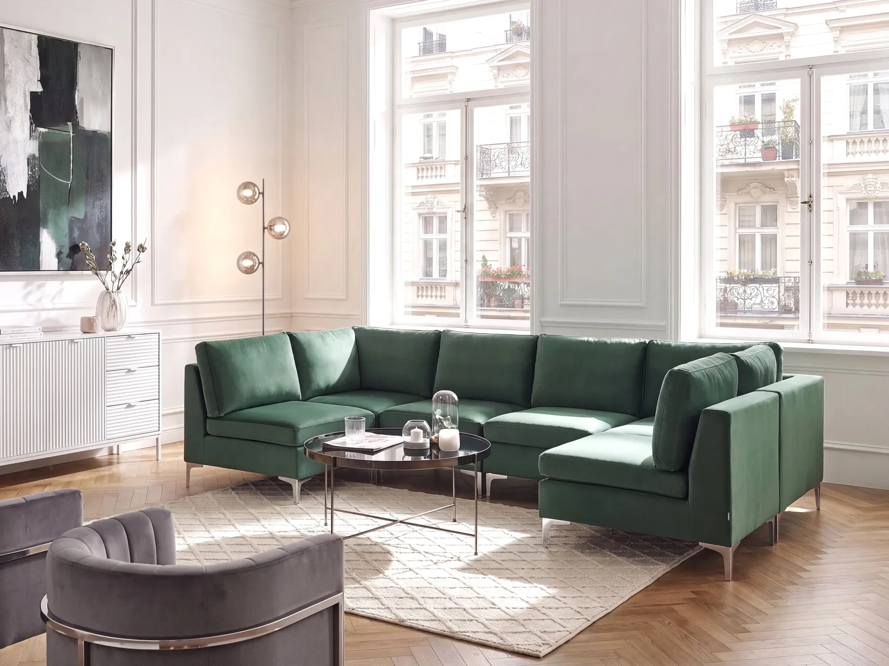 Modular U-Shape Sofa 6 Seater EVJA Velvet Green_789486