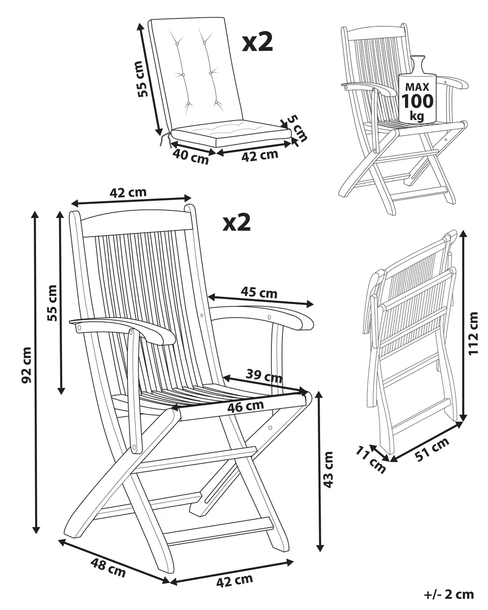 Set mit 2 Stühlen und Sitzkissen MAUI PREMIUM Akazienholz Hellgrau_991063
