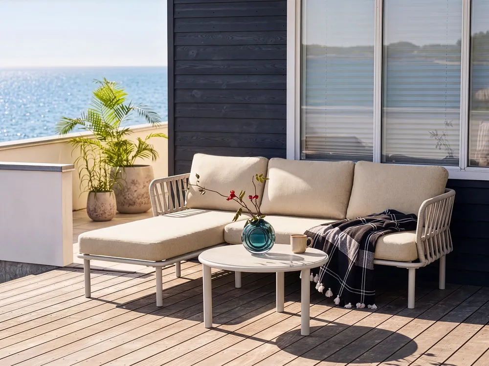 Garten Ecksofa mit Tisch 3-Sitzer ORTE Metall Beige rechtsseitig