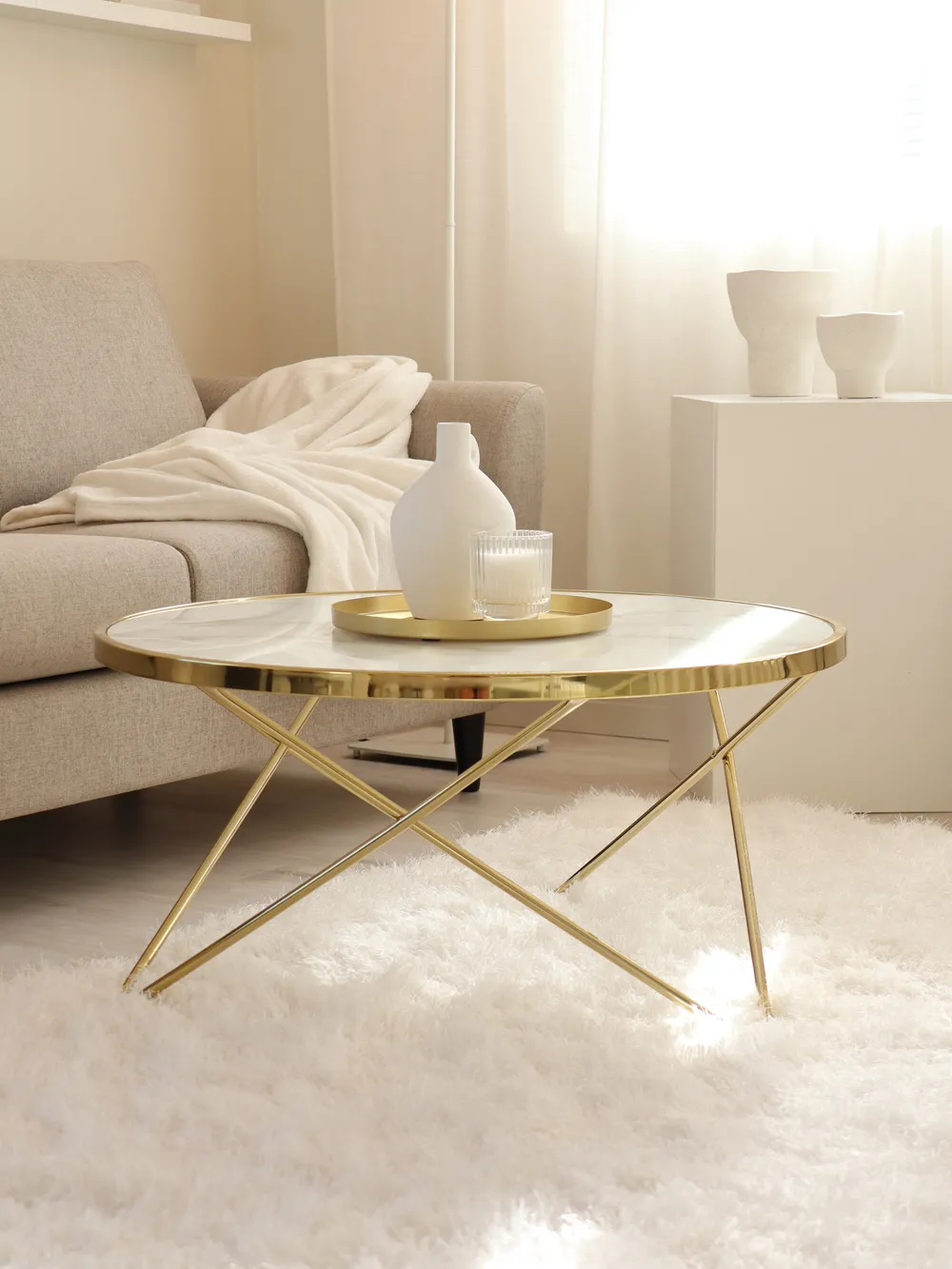 Couchtisch MERIDIAN Sicherheitsglas Marmor Optik / Gold_829078