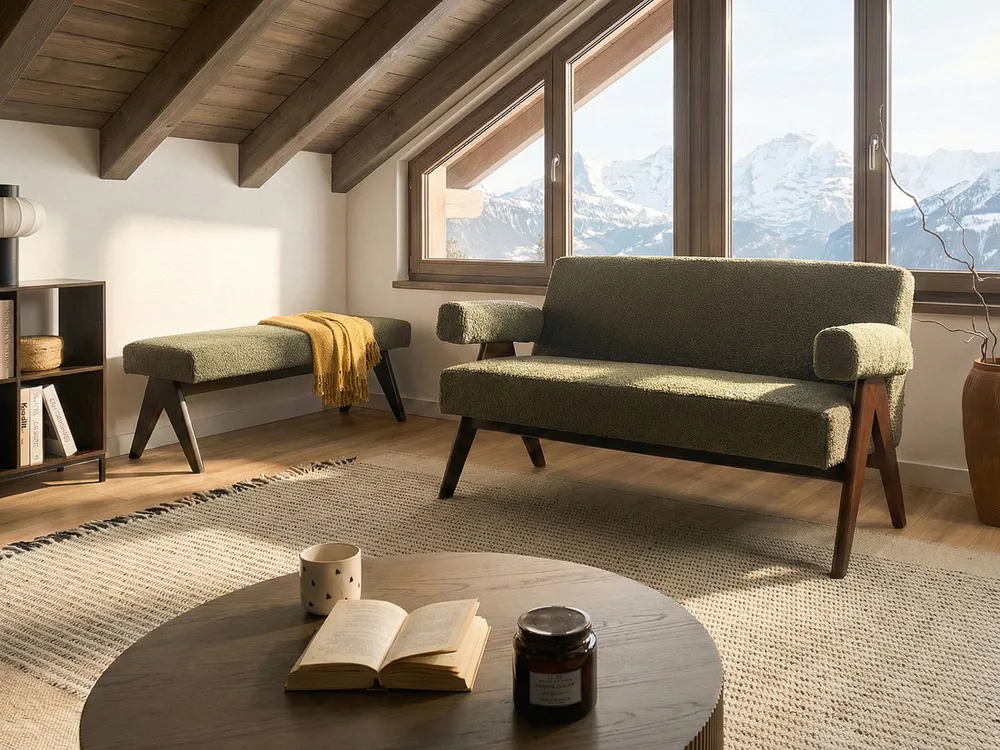 Sofa 2 Seater TAMRE Boucle Green/ Dark Brown