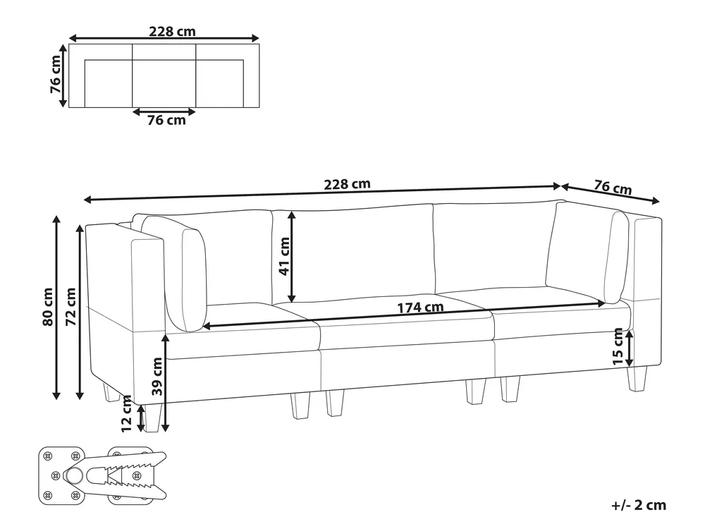Modular Sofa 3 Seater UNSTAD Fabric Black_893489