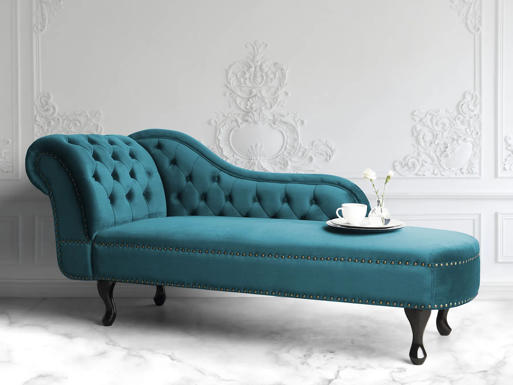 Left-Hand Chaise Longue NIMES Velvet Teal_805905