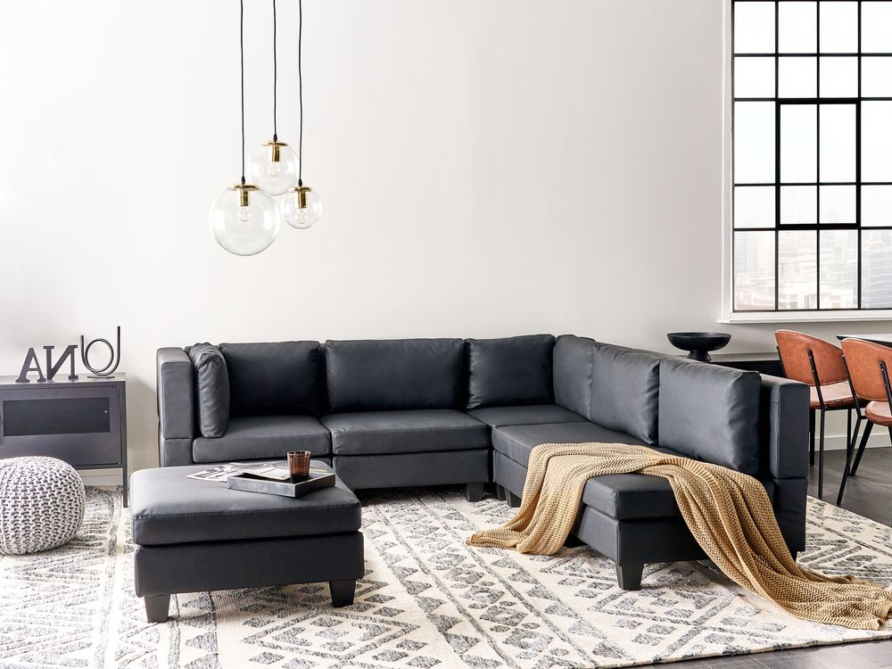Canapé d'angle modulable 5 places UNSTAD avec ottoman Cuir PU Noir Côté gauche
