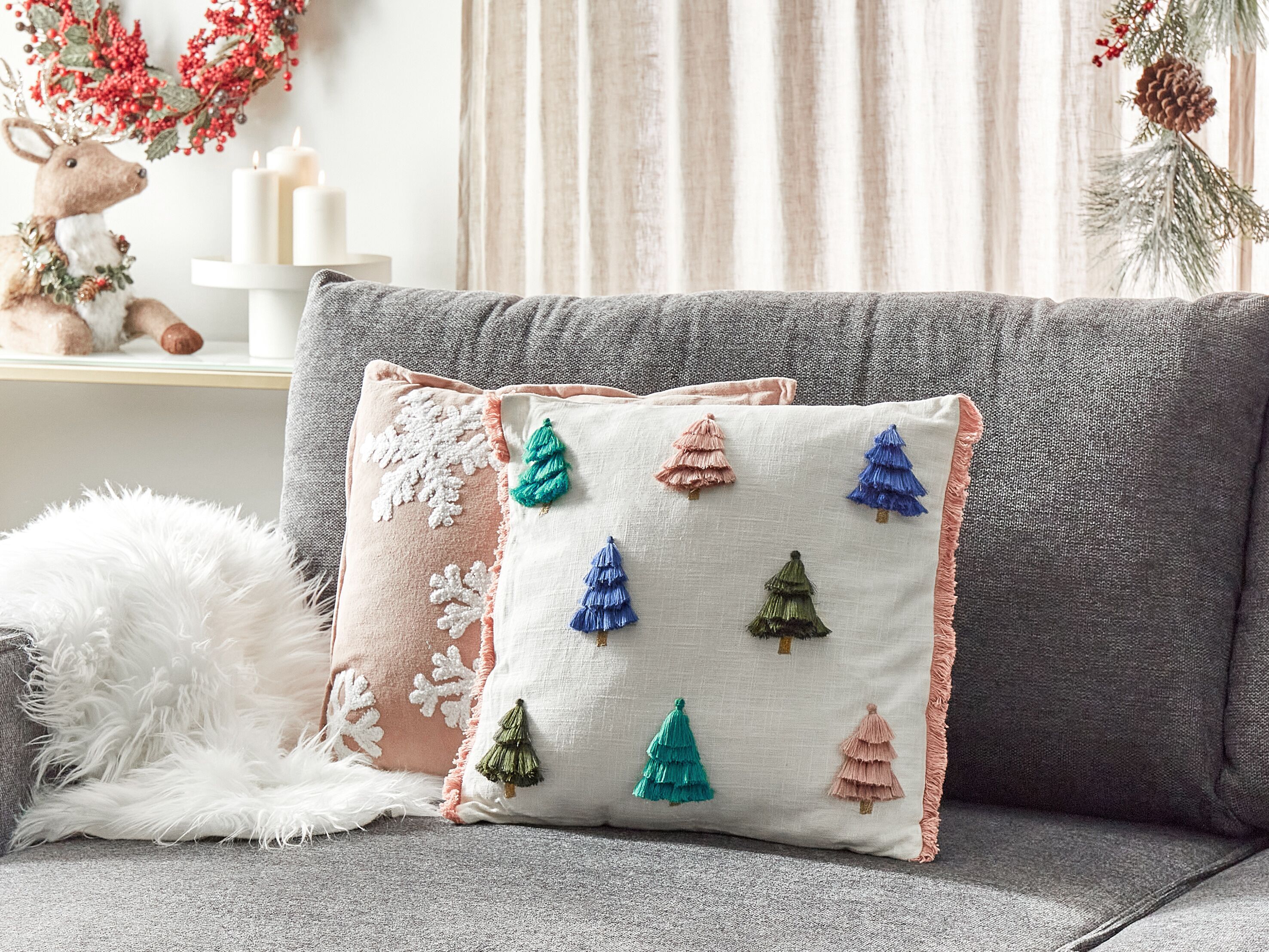 Throw Cushion SKIMMIA 45 x 45 cm Cotton White Christmas Motif_1182720