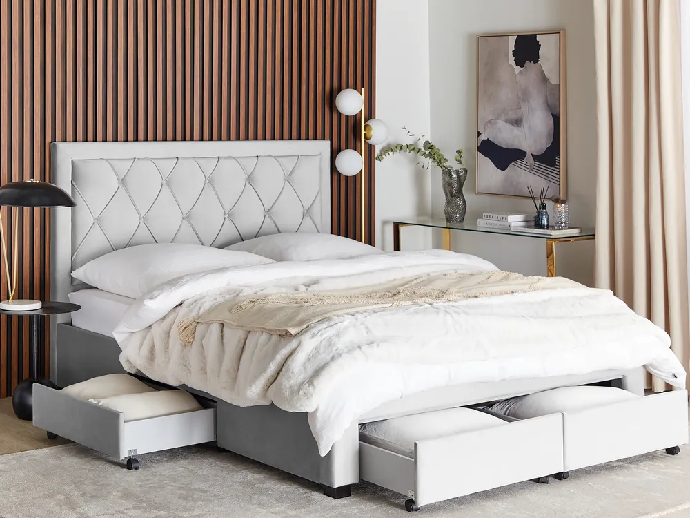 Bett mit Schubladen LIEVIN Samtstoff Hellgrau 160 x 200 cm
