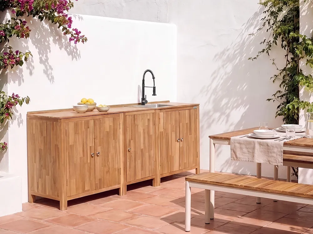 Outdoor-Küche 3er Set mit Spüle VENOSA Braun / Schwarz Akazienholz_1155571
