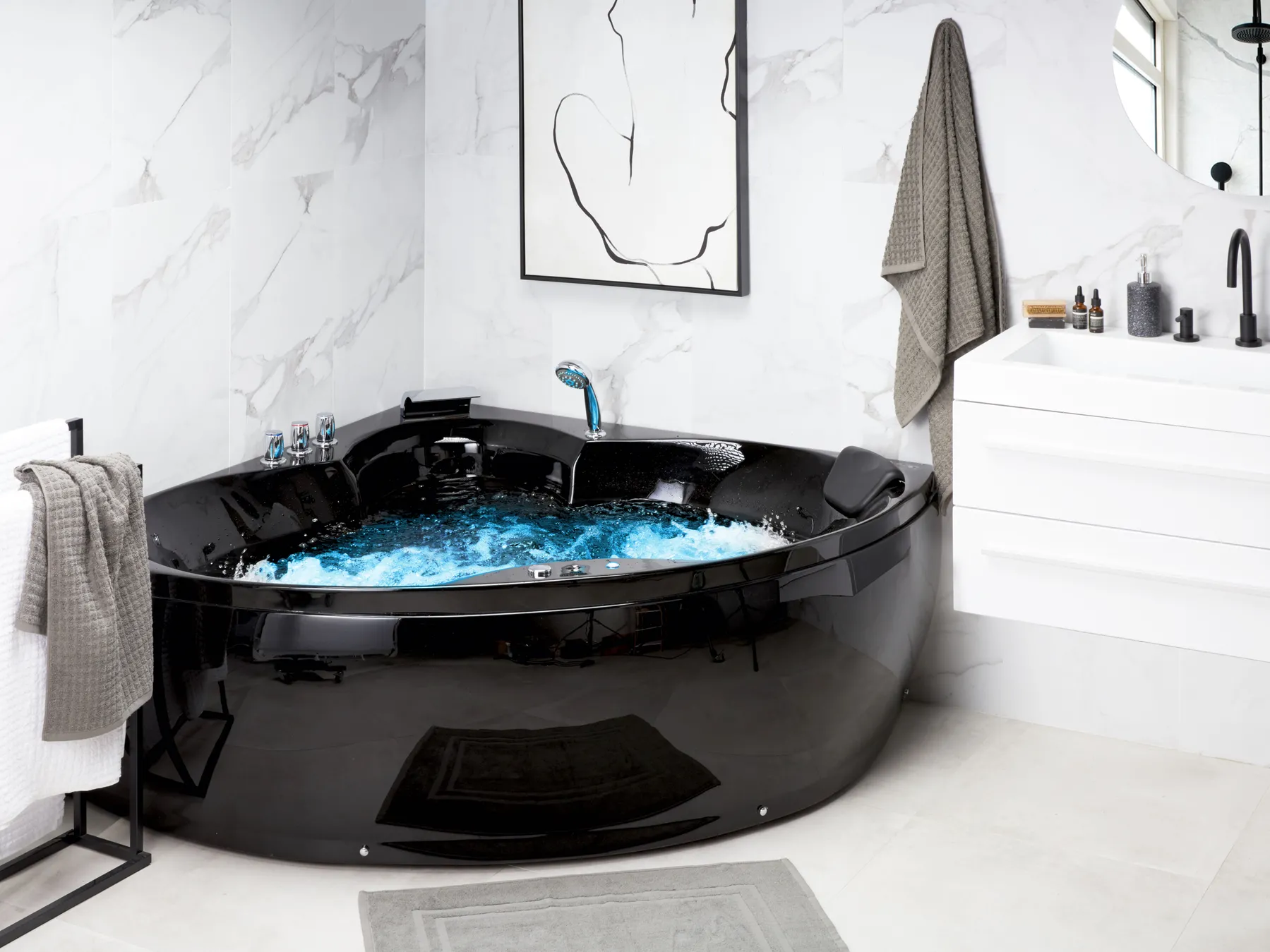 Whirlwanne Eckmodell mit LED SENADO 205 x 150 cm Schwarz_780576