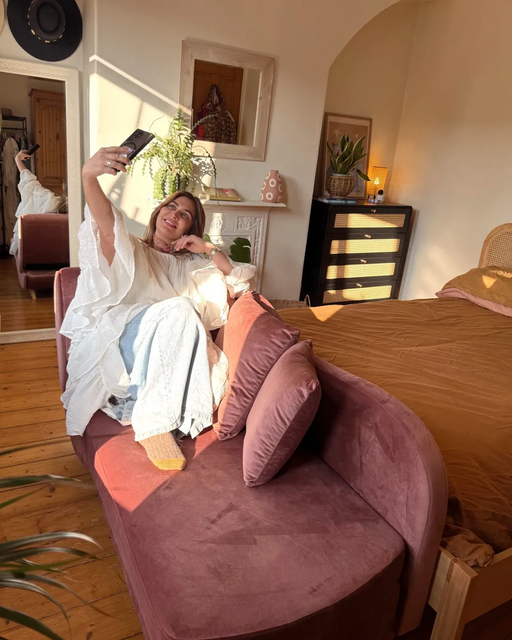 Linksseitige Chaiselongue MERI mit Stauraum Samtstoff Rosa_1064427