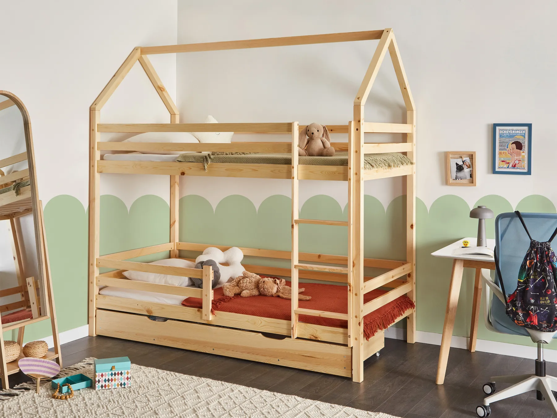 Hochbett mit Schubladen GIRGOLS Kiefernholz Hellbraun 90 x 200 cm mit Stauraum_967894
