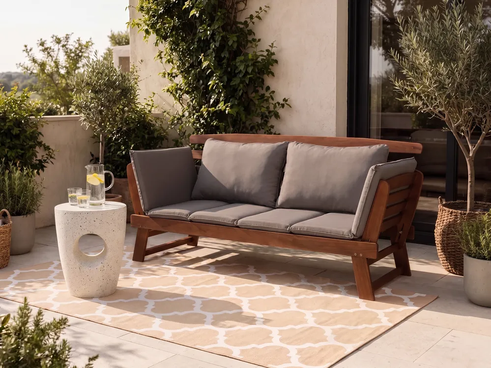 Gartenbank mit Auflage PORTICI 210 cm Eukalyptusholz Dunkelbraun / Taupe