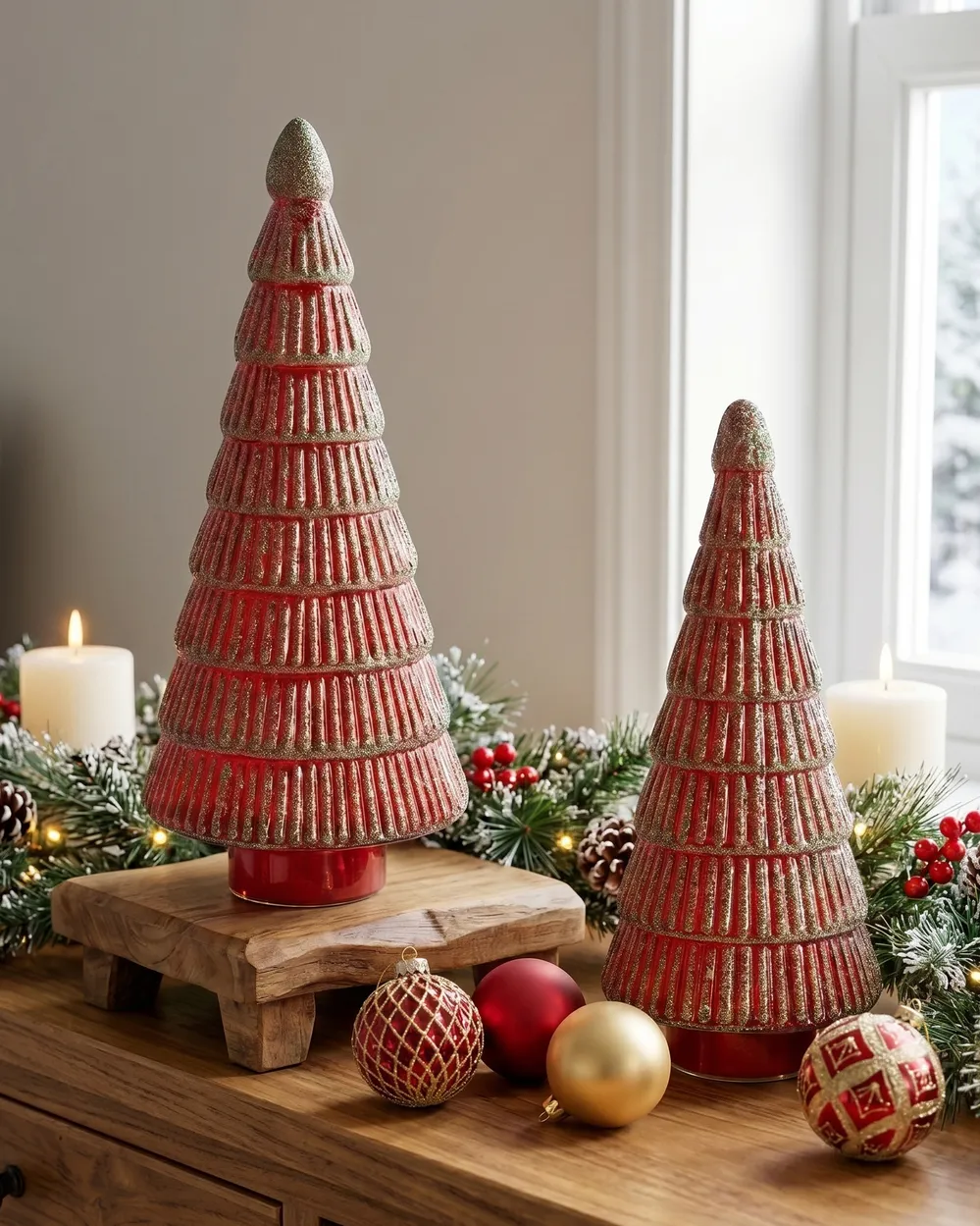 Dekofiguren 2er Set PURUVESI 31/36 cm Weihnachtsbaum Rot / Grün