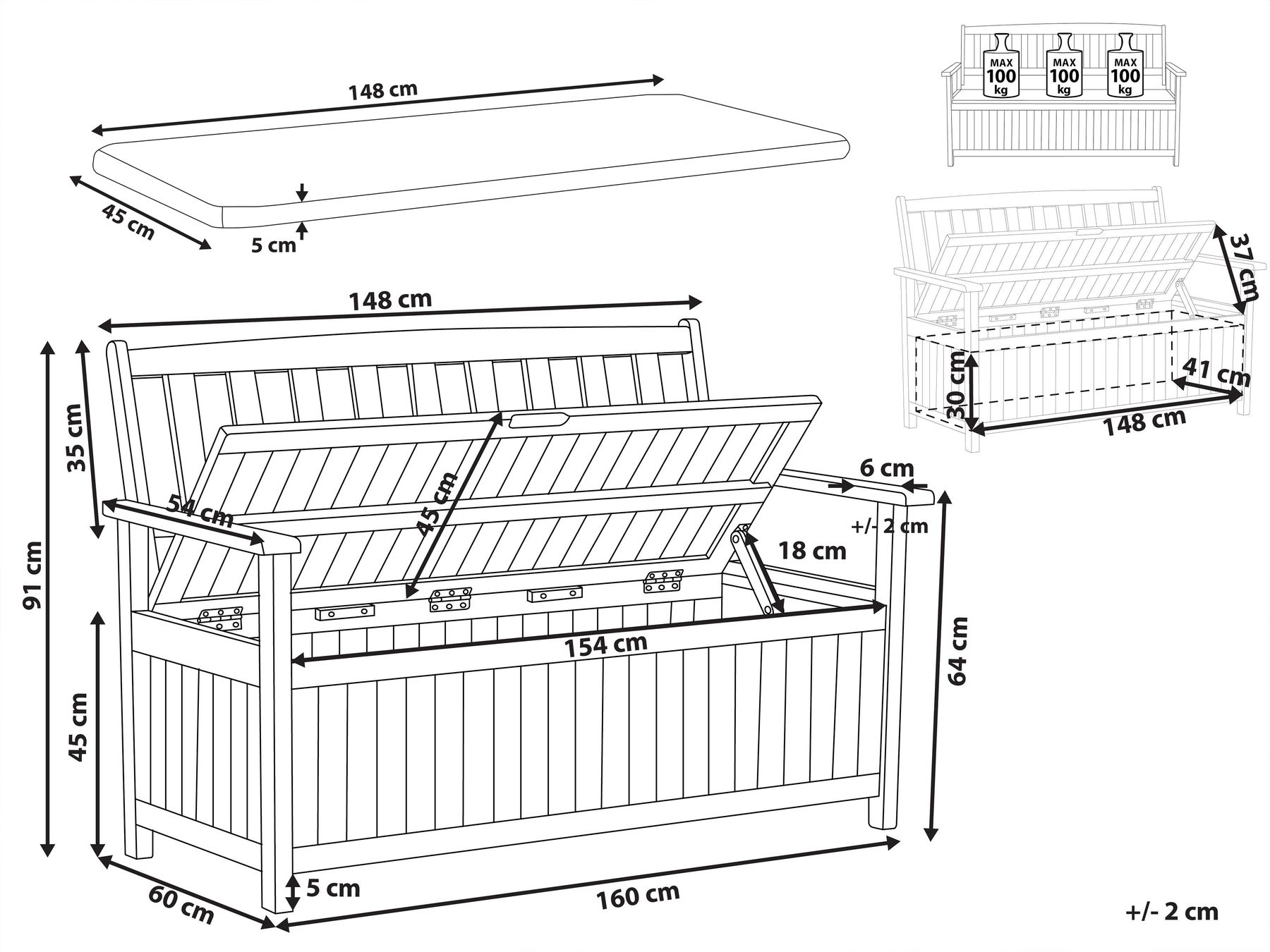 Gartenbank mit Auflage SOVANA 160 cm mit Stauraum Akazienholz Grau_1109891