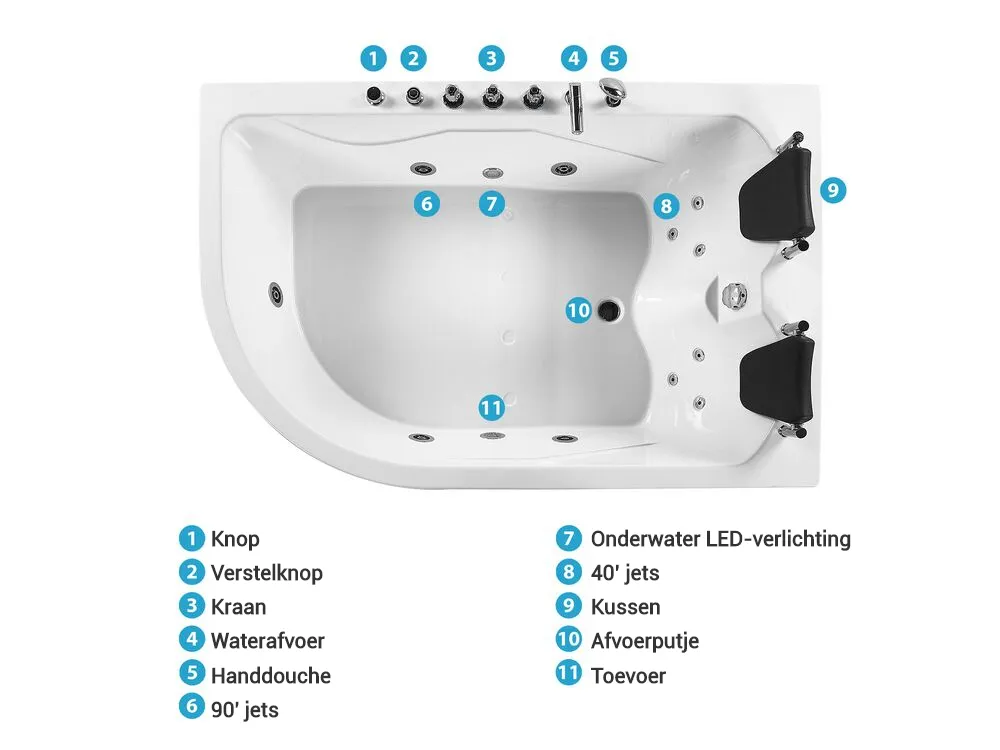 Hoek bubbelbad met LED CALAMA 180 x 120 cm Wit linkszijdig_781606