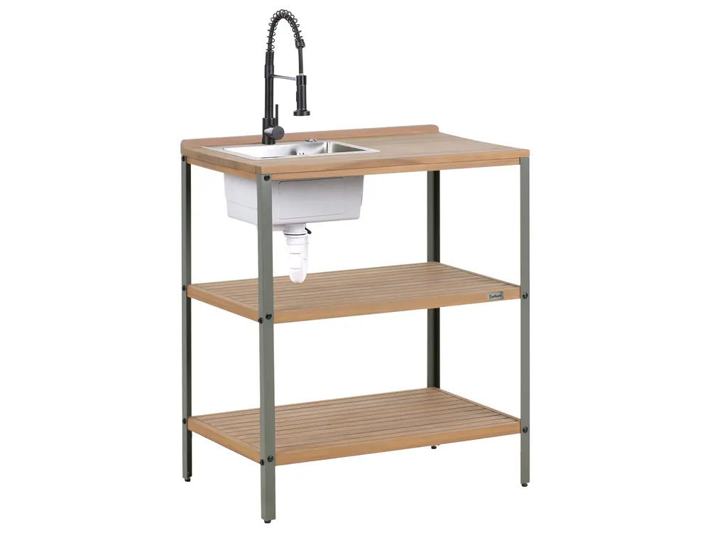 Outdoor-Kücheninsel mit Spüle IVREA Braun / Schwarz zertifiziertes Akazienholz