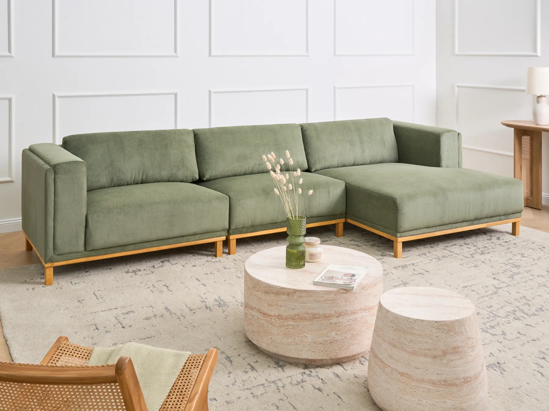 Corner Sofa 5 Seater VENG Corduroy Green Left Hand_1009696