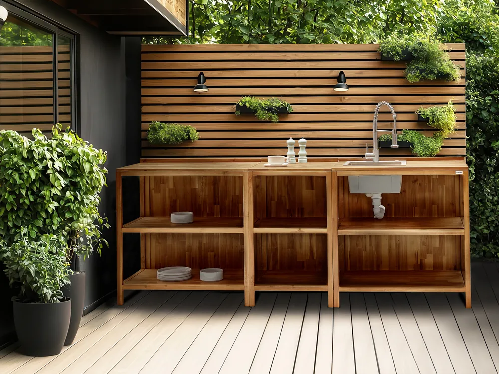 Outdoor-Küche 3er Set mit Spüle VENOSA Braun / Silber Akazienholz